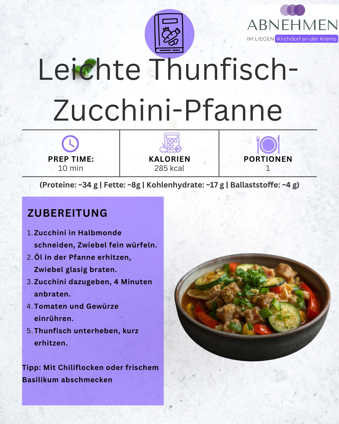 Leichte Thunfisch-Zucchini-Pfanne – Original-Rezeptkarte 2